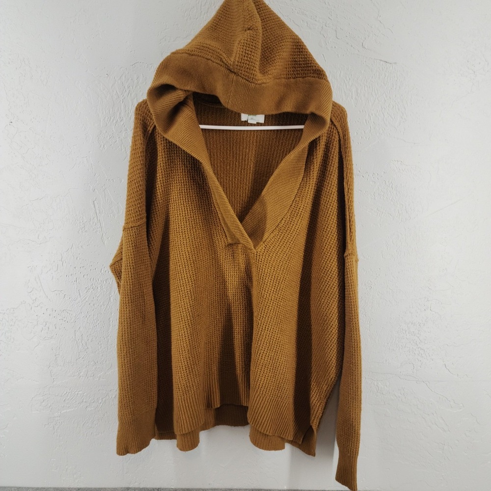 Aerie Mustard Yellow Waffle Knit Hooded V-Neck Oversized Sweater Womens Small